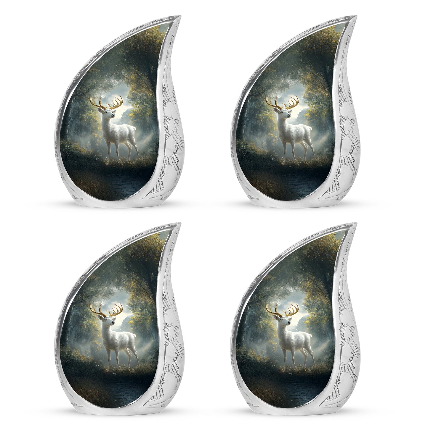 Deep Black Deer Cremation Urn close-up of engraving and surface detail - flowing teardrop deer silhouette on curved aluminum - 10 inch aluminum urn for cremated remains