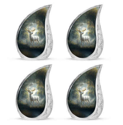 Deep Black Deer Cremation Urn close-up of engraving and surface detail - flowing teardrop deer silhouette on curved aluminum - 10 inch aluminum urn for cremated remains