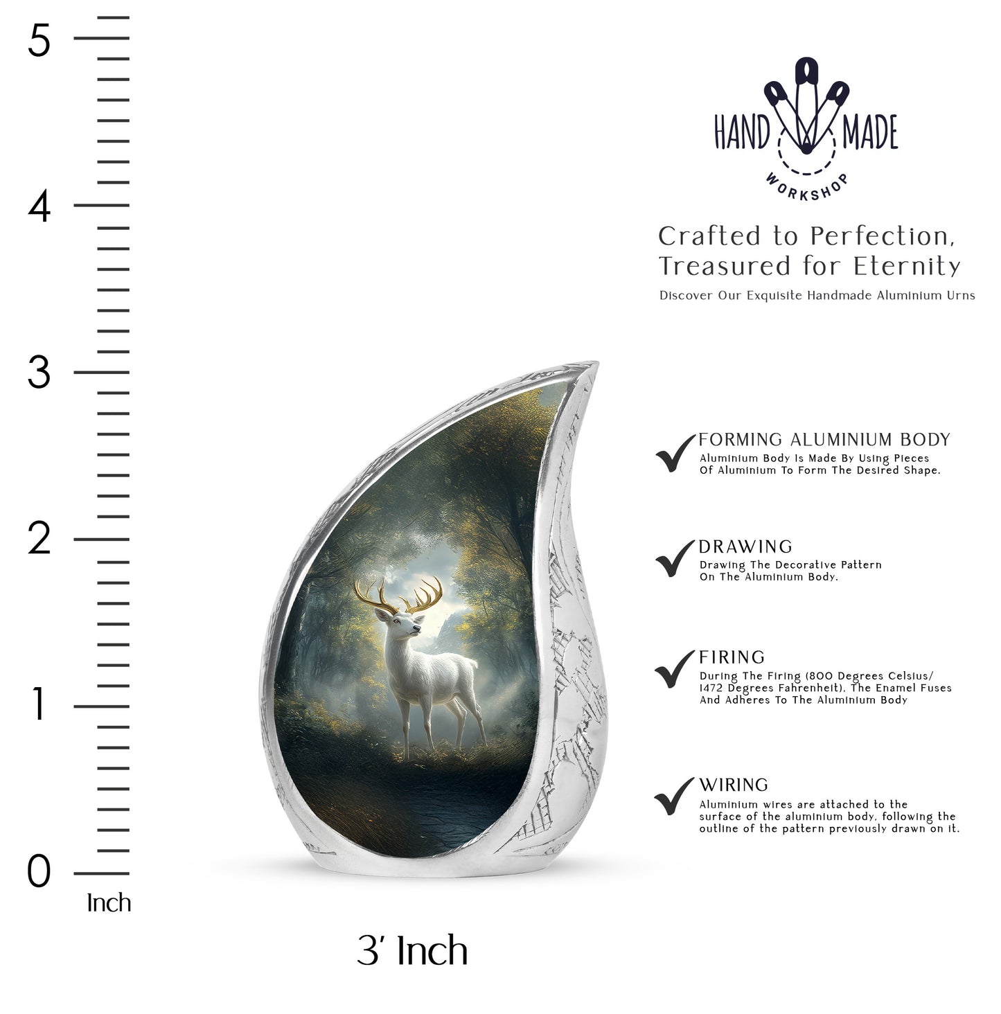 Glossy Black Deer Cremation Urn angled view of lid and engraved motif - rounded teardrop deer design with delicate detail - mini keepsake memorial for portion of cremation ashes