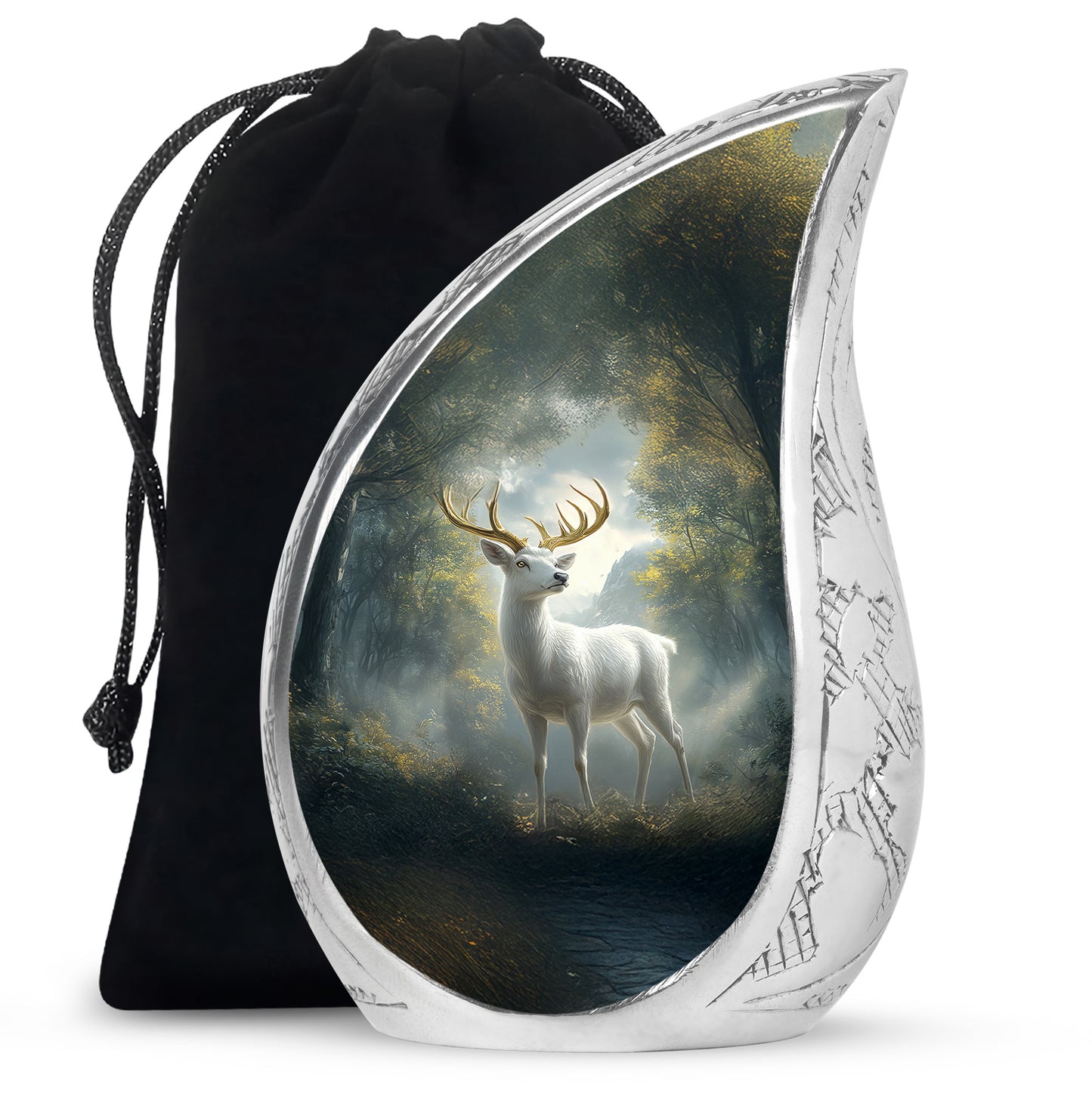 Deep Black Deer Cremation Urn front view showing detailed design - flowing teardrop deer silhouette on curved aluminum - full-size 10 inch 200 cubic inch adult cremation urn