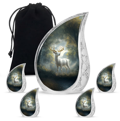 Deep Black Deer Cremation Urn side profile showing urn shape - rounded teardrop deer design with delicate detail - memorial set with one large and four small urns