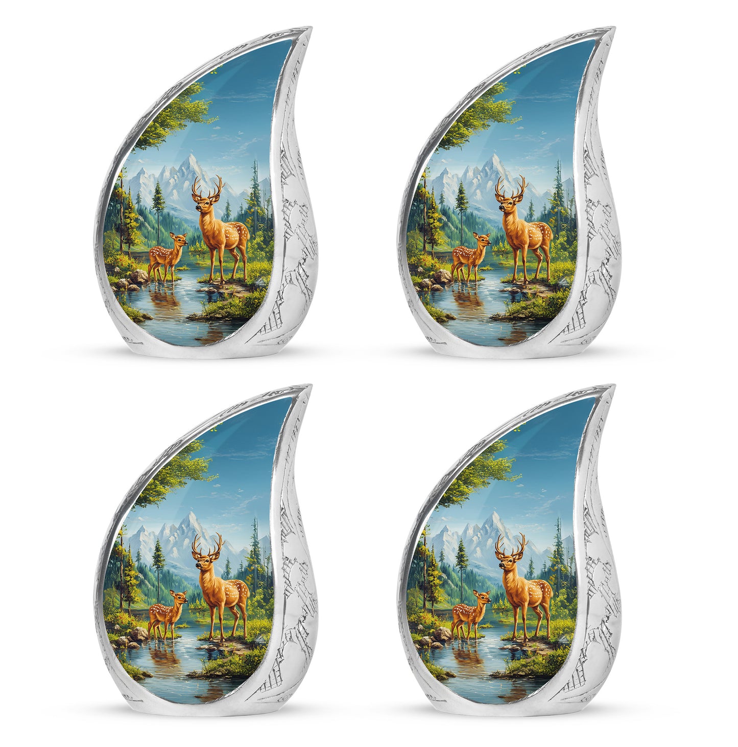 Dusty Blue Deer Cremation Urn close-up of engraving and surface detail - flowing teardrop deer silhouette on curved aluminum - 10 inch aluminum urn for cremated remains