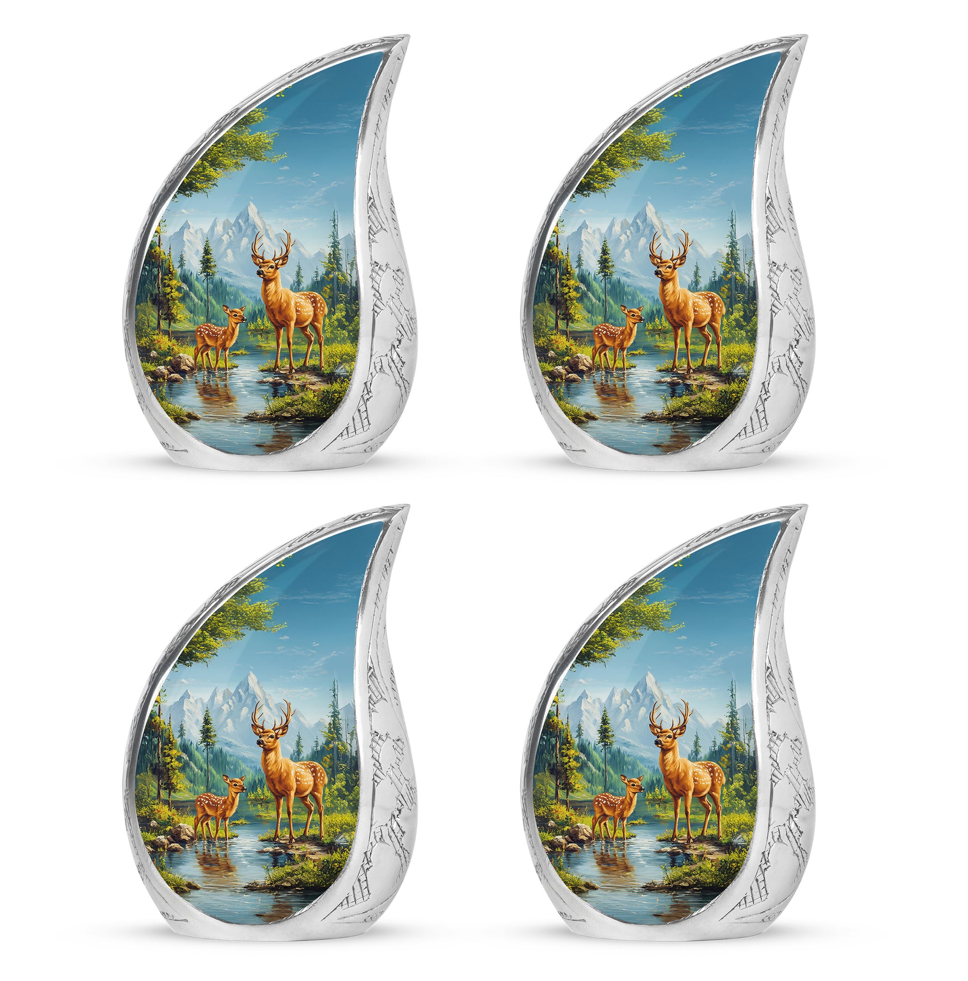 Dusty Blue Deer Cremation Urn close-up of engraving and surface detail - flowing teardrop deer silhouette on curved aluminum - 10 inch aluminum urn for cremated remains