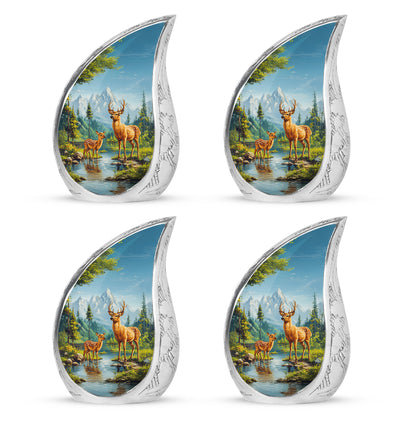 Dusty Blue Deer Cremation Urn close-up of engraving and surface detail - flowing teardrop deer silhouette on curved aluminum - 10 inch aluminum urn for cremated remains