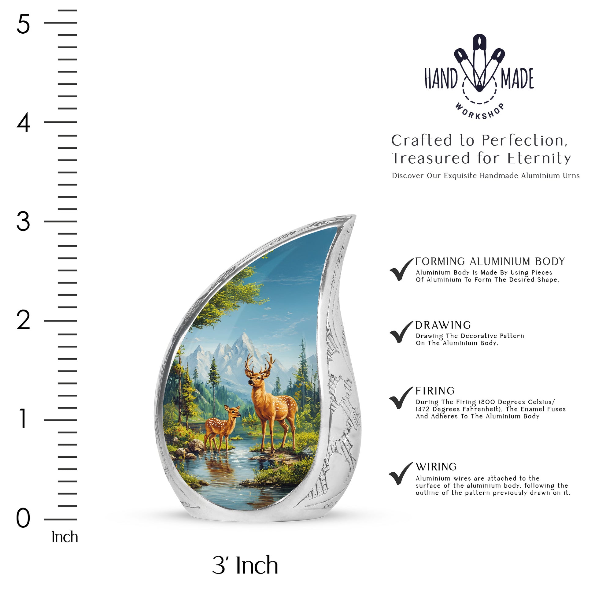 Slate Blue Deer Cremation Urn angled view of lid and engraved motif - flowing teardrop deer silhouette on curved aluminum - mini keepsake memorial for portion of cremation ashes
