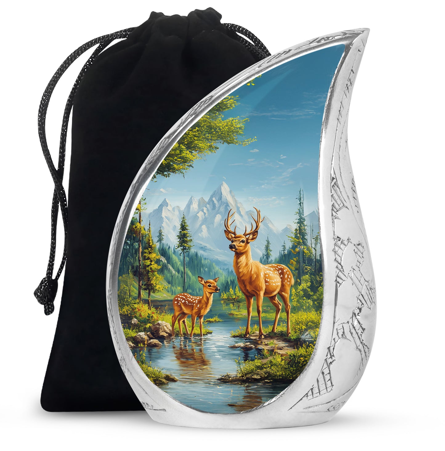 Powder Blue Deer Cremation Urn front view showing detailed design - rounded teardrop deer design with delicate detail - full-size 10 inch 200 cubic inch adult cremation urn