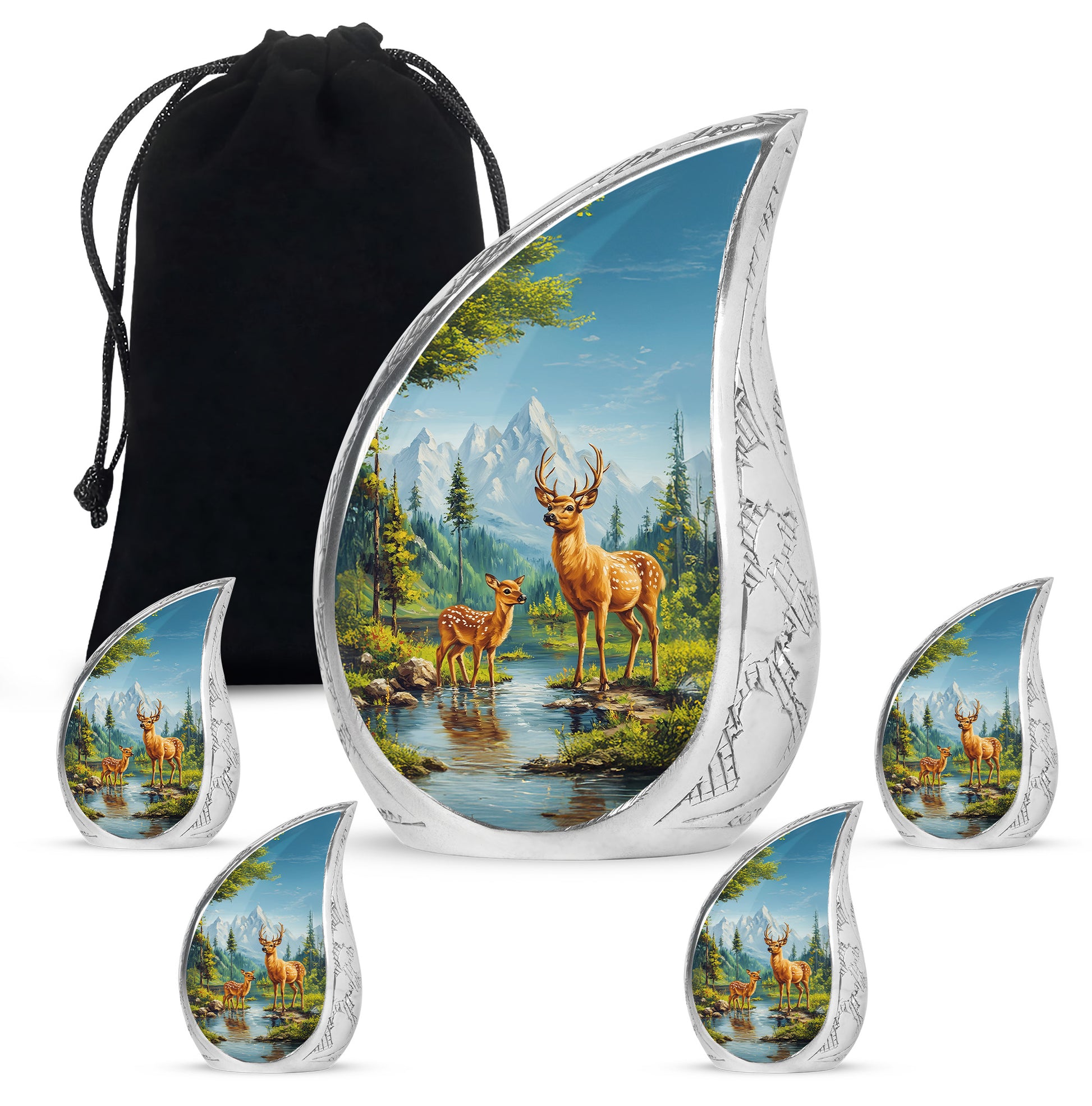 Cornflower Blue Deer Cremation Urn side profile showing urn shape - smooth teardrop contour featuring deer art - memorial set with one large and four small urns