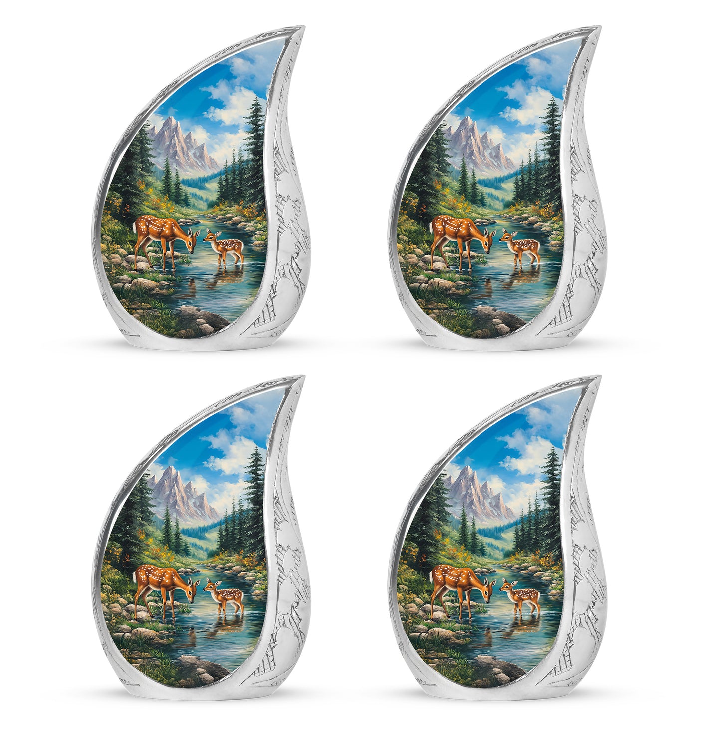 Azure Deer Cremation Urn close-up of engraving and surface detail - flowing teardrop deer silhouette on curved aluminum - 10 inch aluminum urn for cremated remains