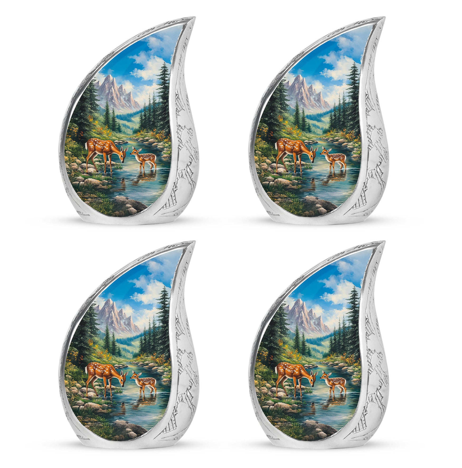 Azure Deer Cremation Urn close-up of engraving and surface detail - flowing teardrop deer silhouette on curved aluminum - 10 inch aluminum urn for cremated remains