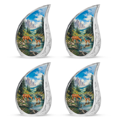 Azure Deer Cremation Urn close-up of engraving and surface detail - flowing teardrop deer silhouette on curved aluminum - 10 inch aluminum urn for cremated remains