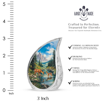 Navy Blue Deer Cremation Urn angled view of lid and engraved motif - rounded teardrop deer design with delicate detail - mini keepsake memorial for portion of cremation ashes