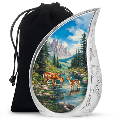 Sapphire Blue Deer Cremation Urn front view showing detailed design - graceful tear-shaped urn with deer motif - full-size 10 inch 200 cubic inch adult cremation urn