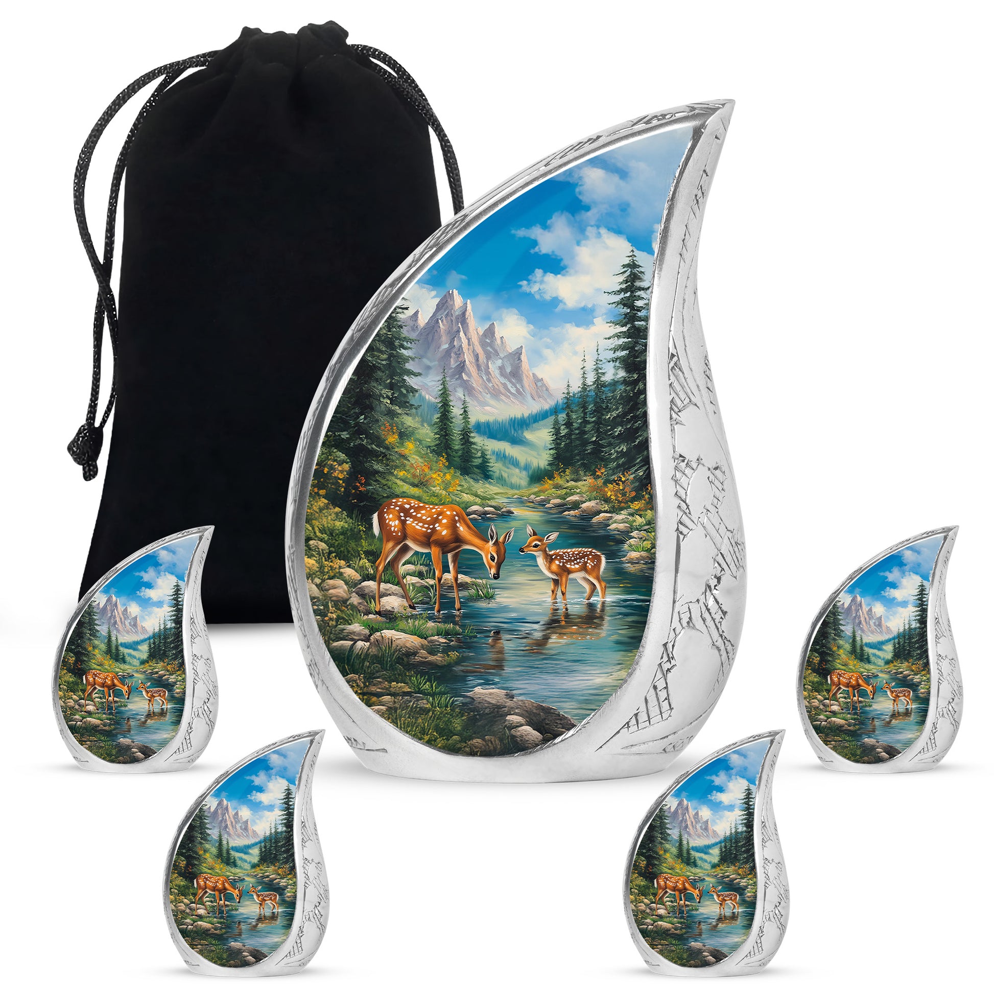 Serene Blue Deer Cremation Urn side profile showing urn shape - smooth teardrop contour featuring deer art - memorial set with one large and four small urns