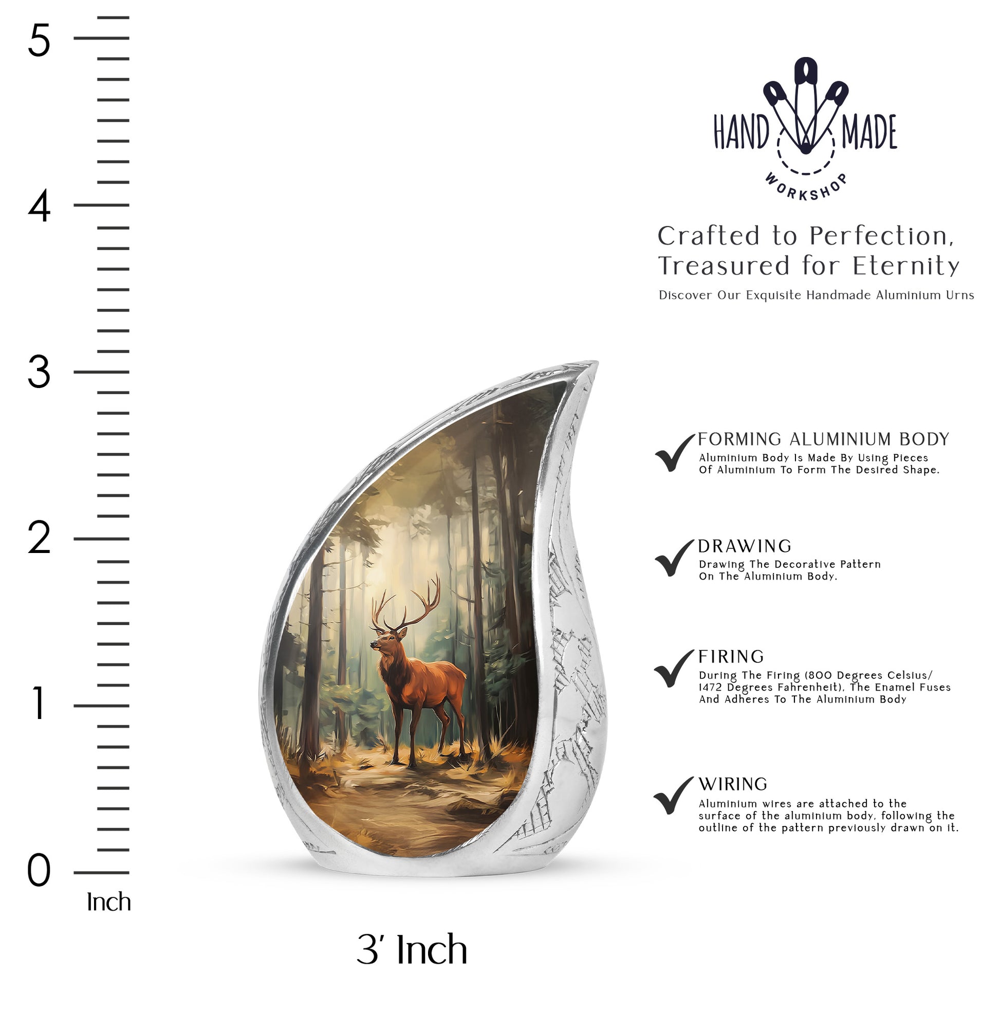 Onyx Black Deer Cremation Urn angled view of lid and engraved motif - smooth teardrop contour featuring deer art - mini keepsake memorial for portion of cremation ashes