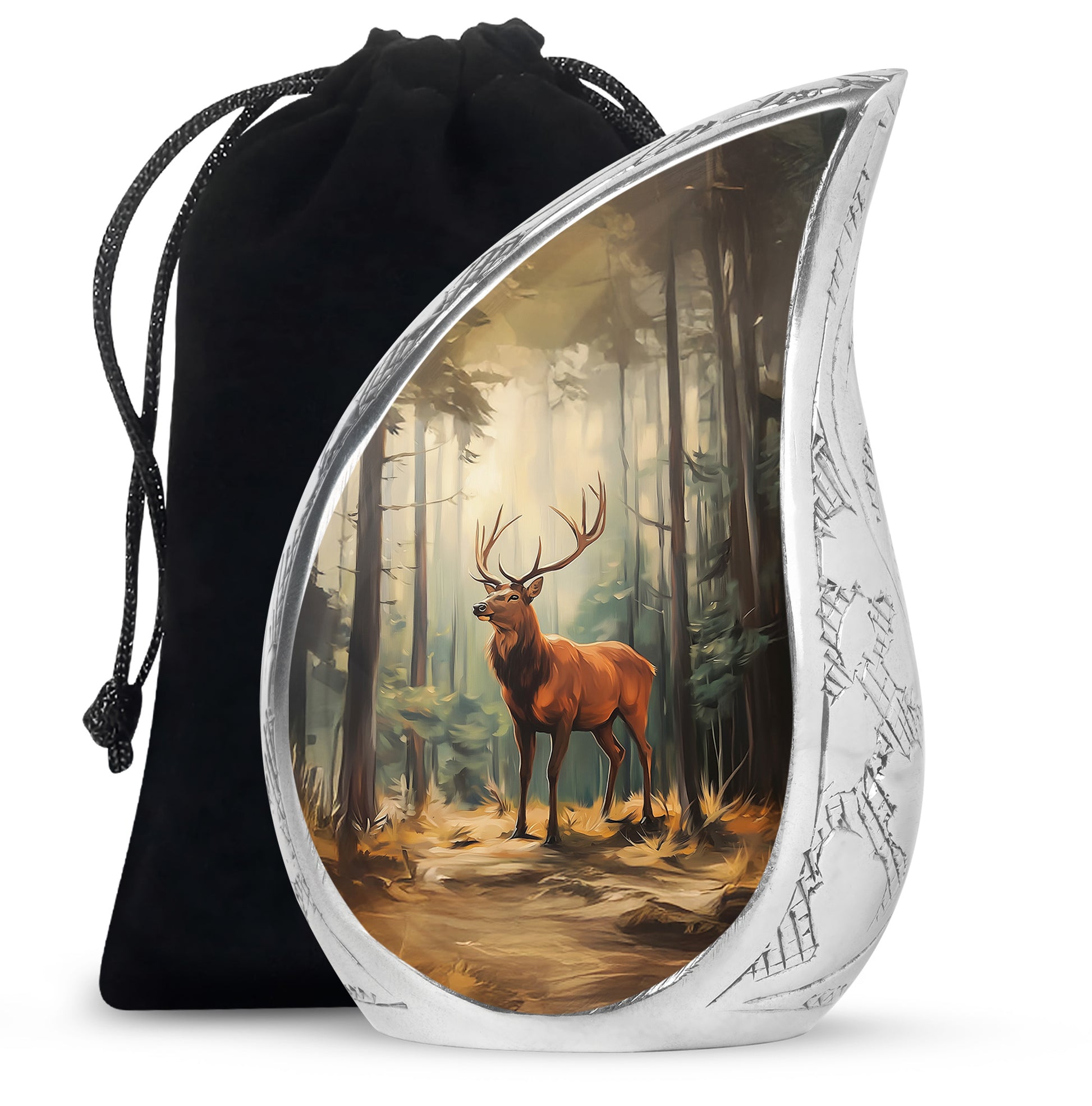 Charcoal Black Deer Cremation Urn front view showing detailed design - smooth teardrop contour featuring deer art - full-size 10 inch 200 cubic inch adult cremation urn