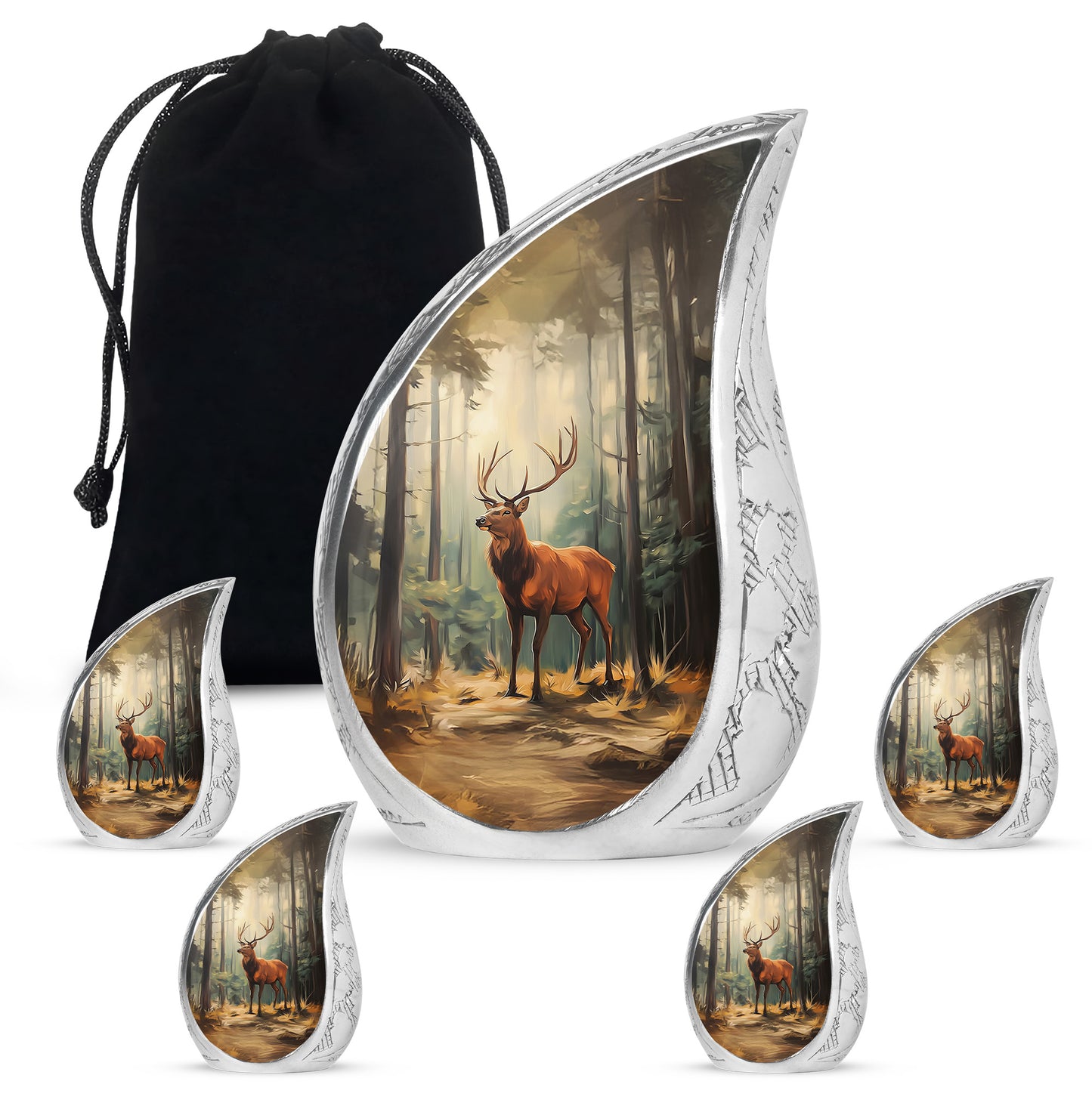 Obsidian Black Deer Cremation Urn side profile showing urn shape - smooth teardrop contour featuring deer art - memorial set with one large and four small urns