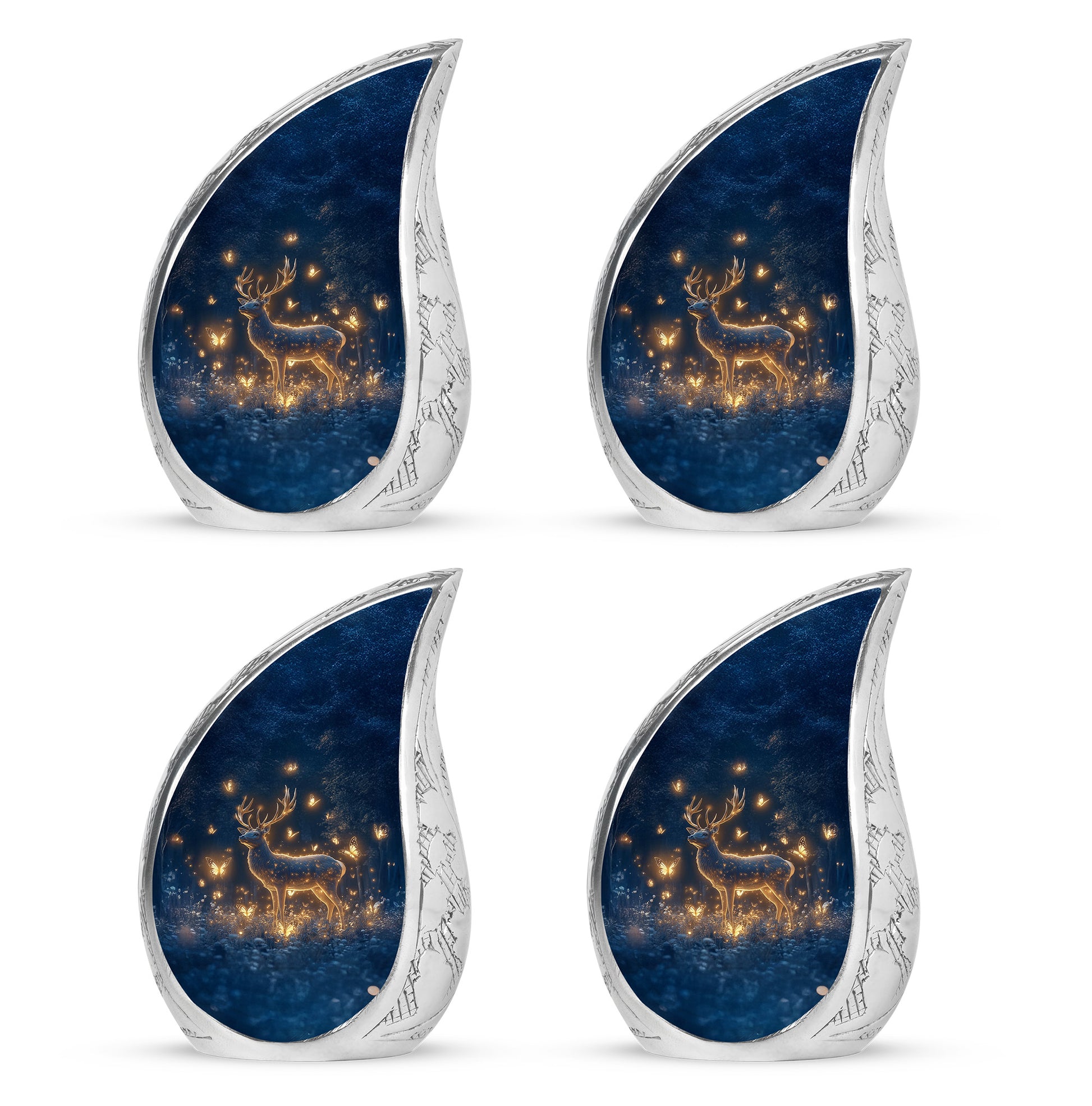 Twilight Blue Deer Cremation Urn close-up of engraving and surface detail - smooth teardrop contour featuring deer art - 10 inch aluminum urn for cremated remains