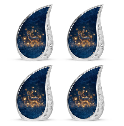 Twilight Blue Deer Cremation Urn close-up of engraving and surface detail - smooth teardrop contour featuring deer art - 10 inch aluminum urn for cremated remains