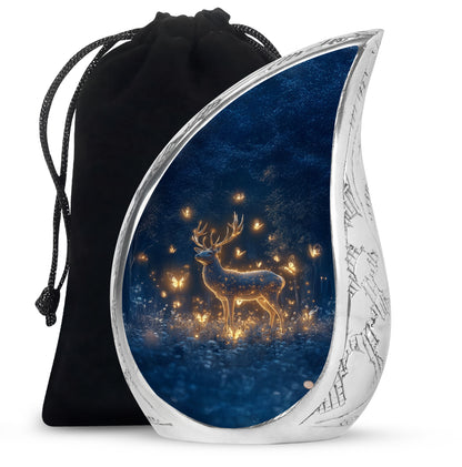Misty Blue Deer Cremation Urn front view showing detailed design - flowing teardrop deer silhouette on curved aluminum - full-size 10 inch 200 cubic inch adult cremation urn