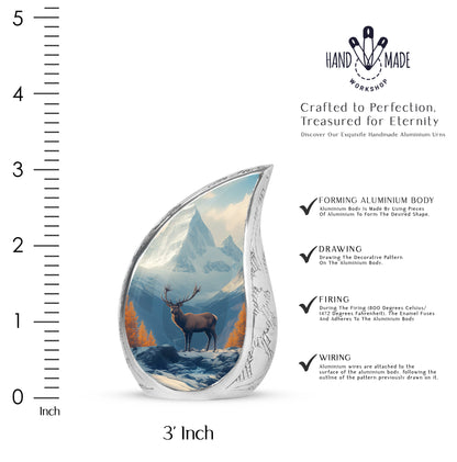 Calming Blue Deer Cremation Urn angled view of lid and engraved motif - graceful tear-shaped urn with deer motif - mini keepsake memorial for portion of cremation ashes