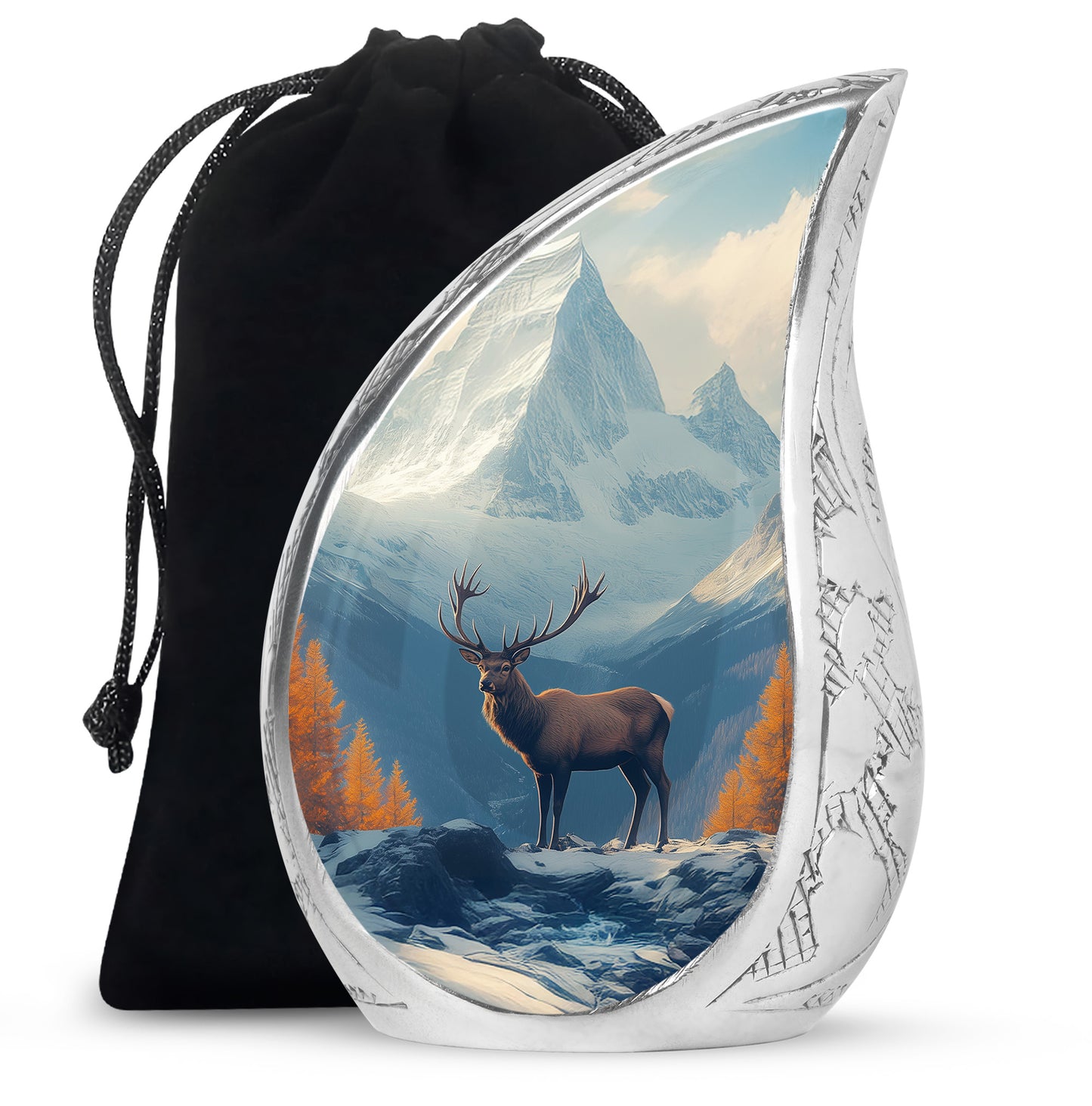 Sapphire Blue Deer Cremation Urn front view showing detailed design - graceful tear-shaped urn with deer motif - full-size 10 inch 200 cubic inch adult cremation urn