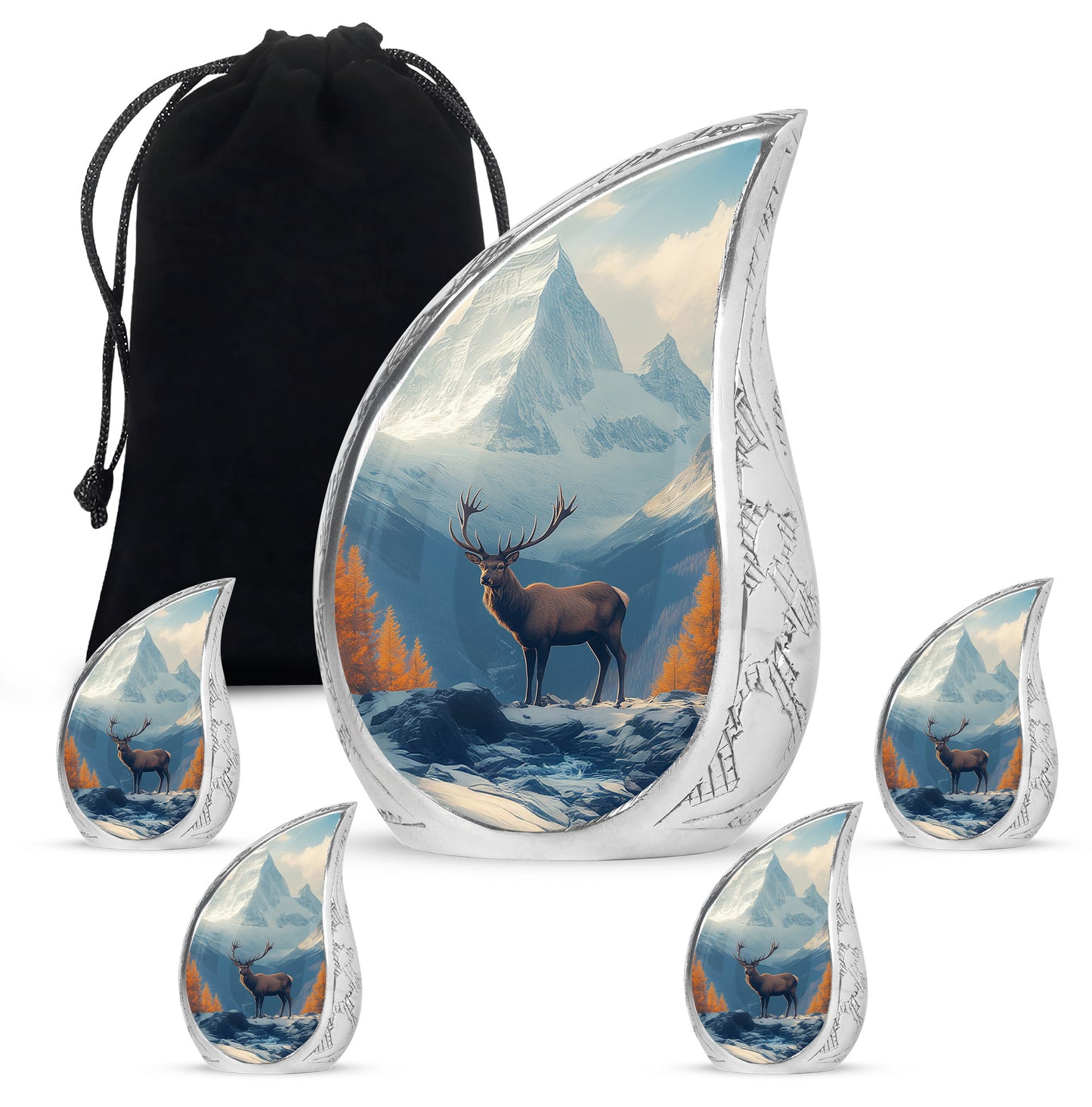 Celestial Blue Deer Cremation Urn side profile showing urn shape - rounded teardrop deer design with delicate detail - memorial set with one large and four small urns