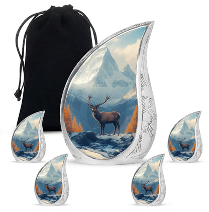 Celestial Blue Deer Cremation Urn side profile showing urn shape - rounded teardrop deer design with delicate detail - memorial set with one large and four small urns