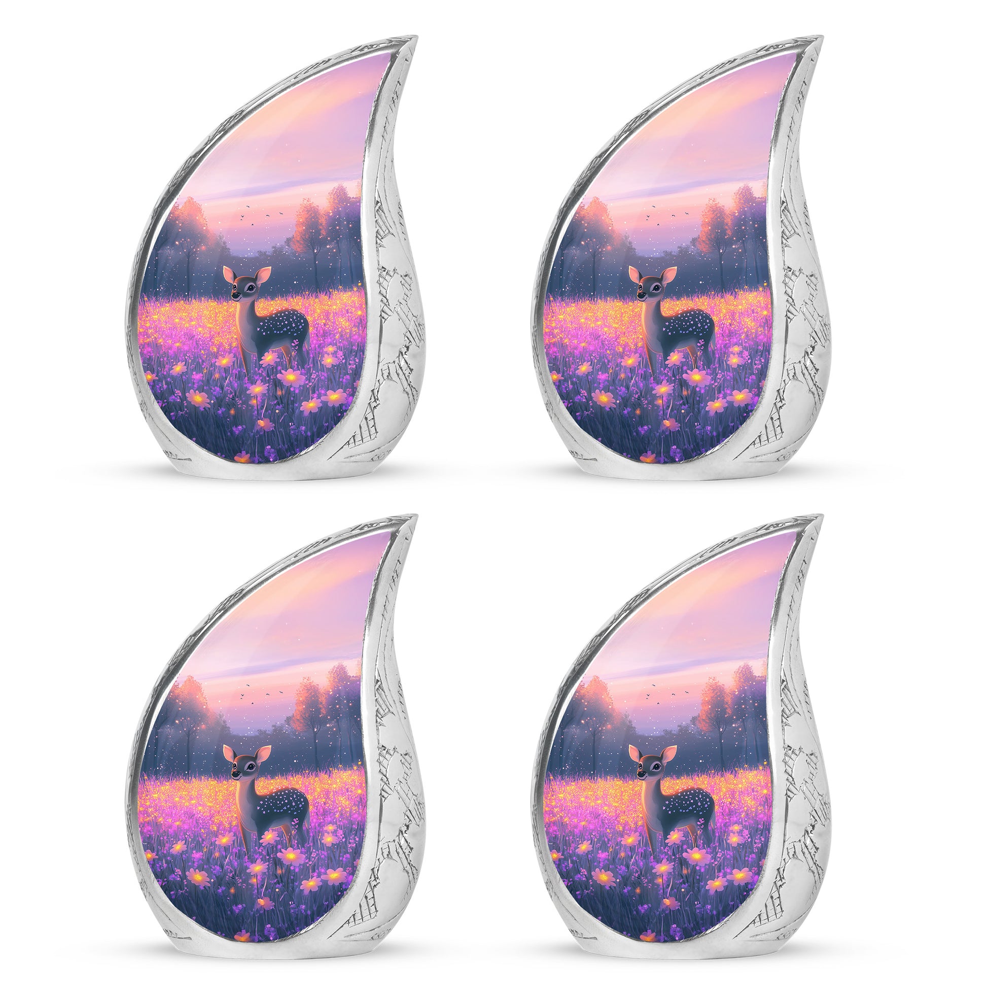 Salmon Pink Deer Cremation Urn close-up of engraving and surface detail - smooth teardrop contour featuring deer art - 10 inch aluminum urn for cremated remains