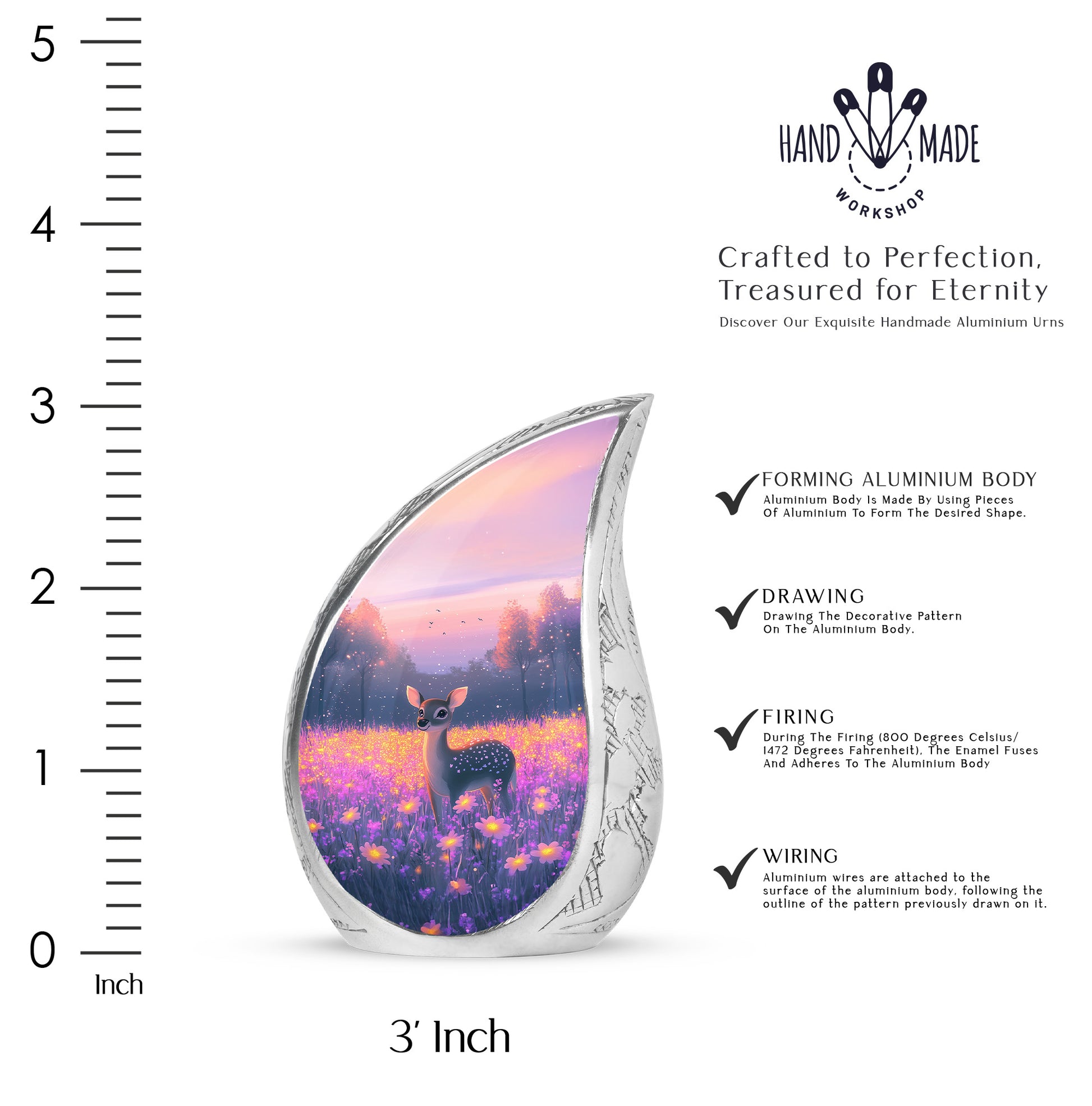 Coral Pink Deer Cremation Urn angled view of lid and engraved motif - flowing teardrop deer silhouette on curved aluminum - mini keepsake memorial for portion of cremation ashes