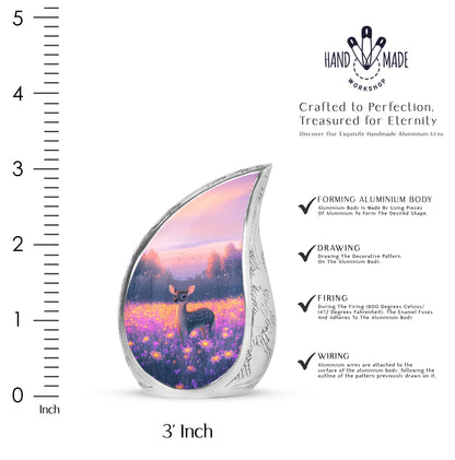 Coral Pink Deer Cremation Urn angled view of lid and engraved motif - flowing teardrop deer silhouette on curved aluminum - mini keepsake memorial for portion of cremation ashes