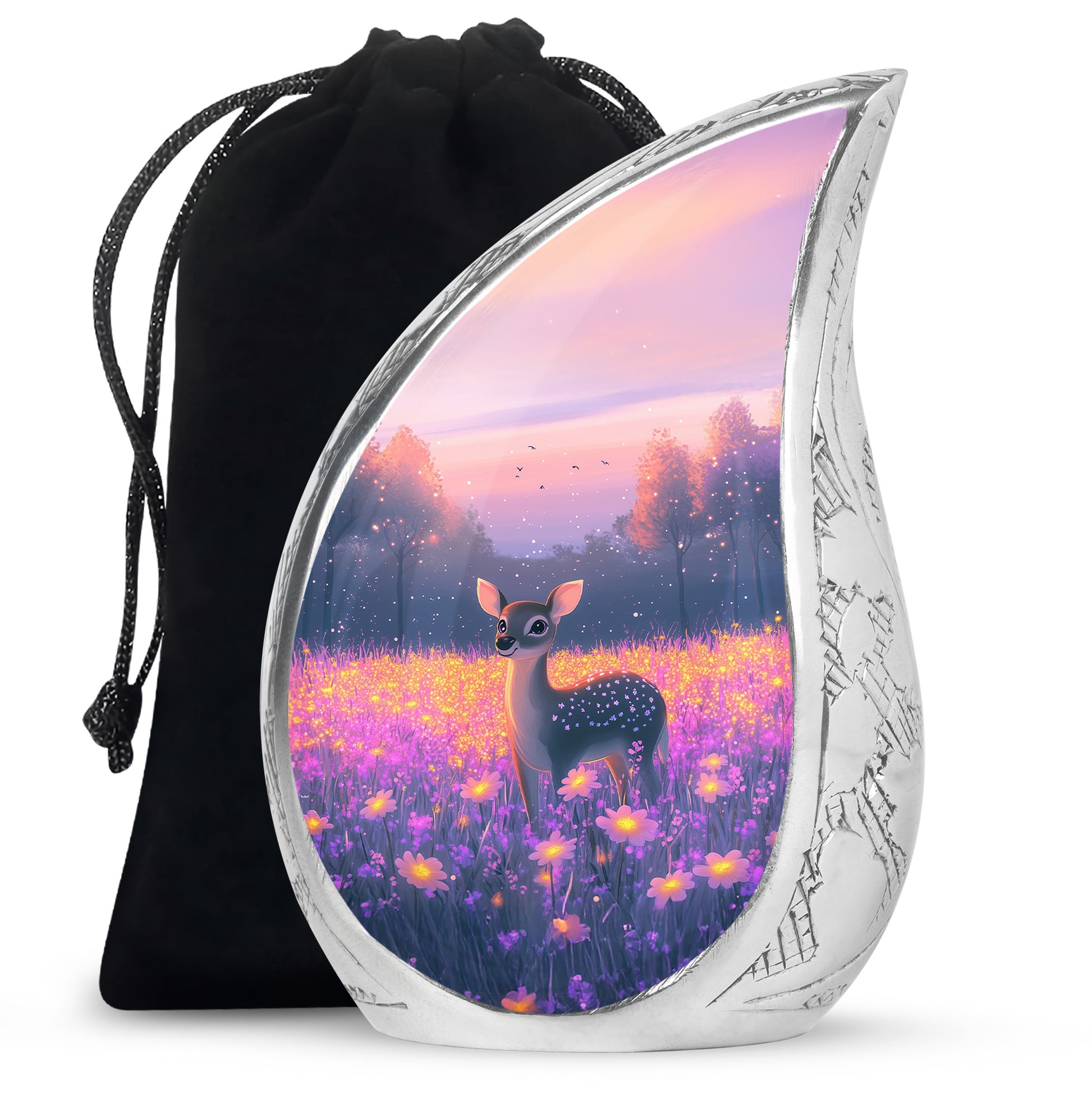 Coral Pink Deer Cremation Urn front view showing detailed design - rounded teardrop deer design with delicate detail - full-size 10 inch 200 cubic inch adult cremation urn