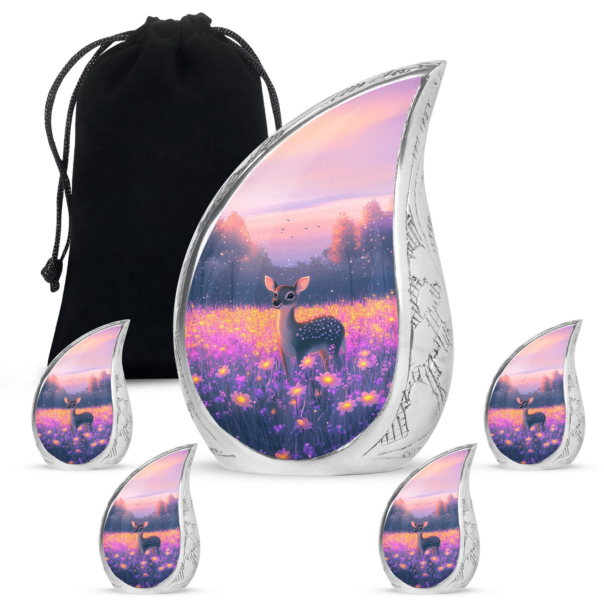 Vintage Pink Deer Cremation Urn side profile showing urn shape - smooth teardrop contour featuring deer art - memorial set with one large and four small urns