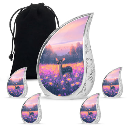 Vintage Pink Deer Cremation Urn side profile showing urn shape - smooth teardrop contour featuring deer art - memorial set with one large and four small urns