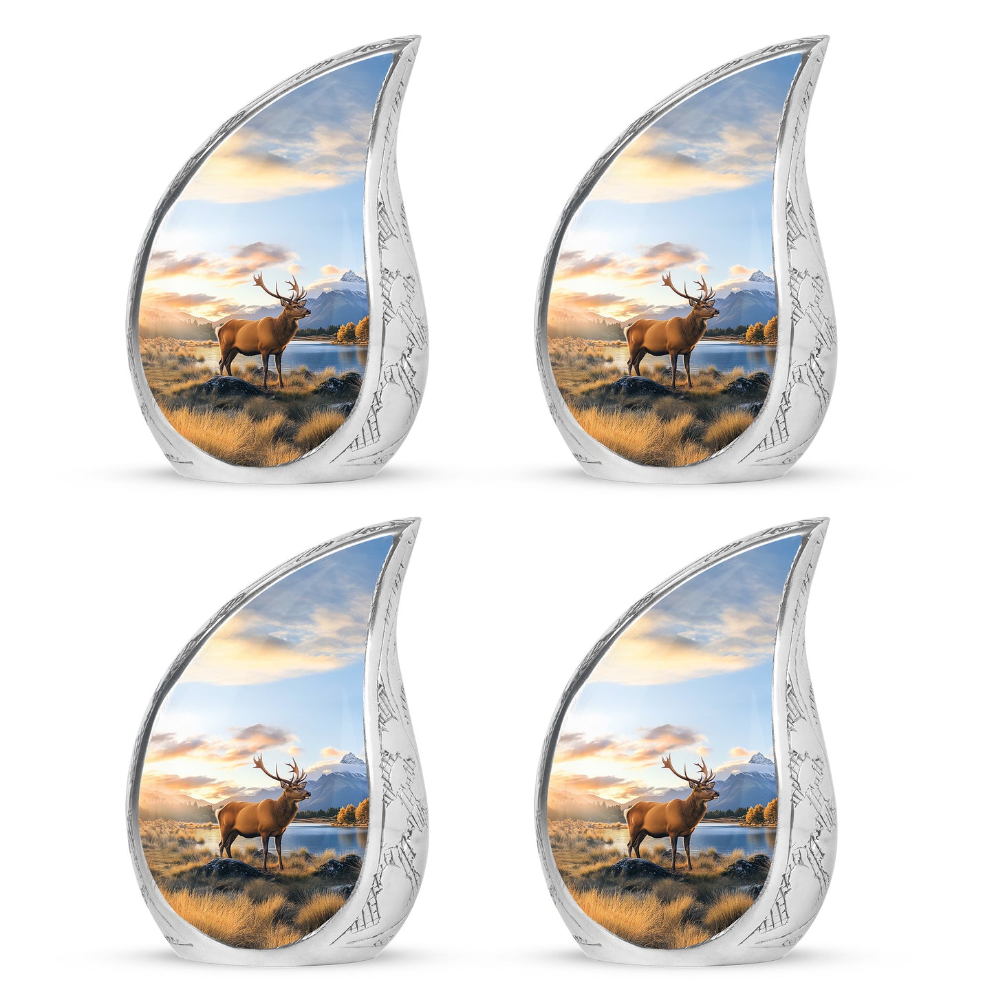 Powder Blue Deer Cremation Urn close-up of engraving and surface detail - flowing teardrop deer silhouette on curved aluminum - 10 inch aluminum urn for cremated remains