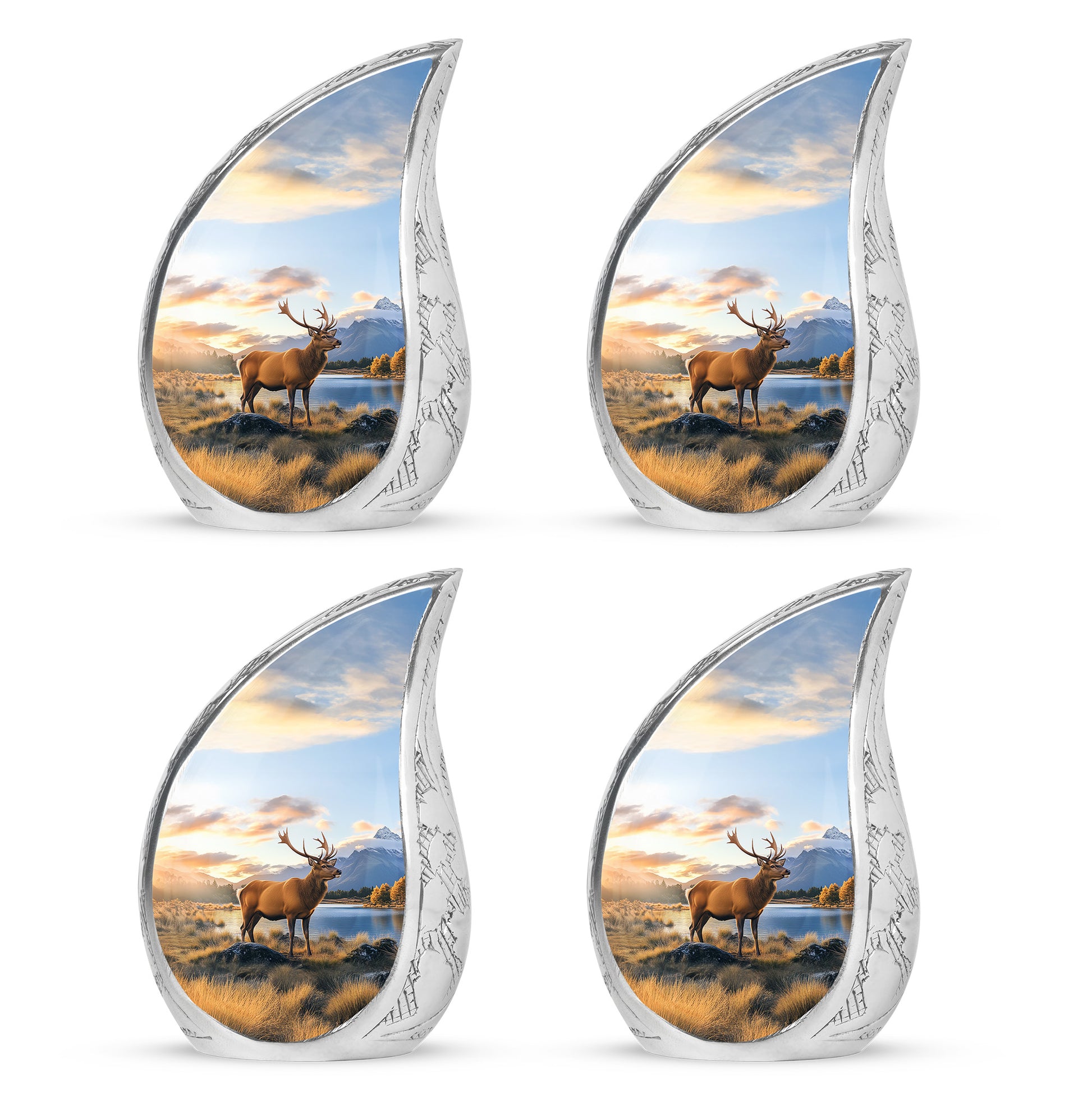 Powder Blue Deer Cremation Urn close-up of engraving and surface detail - flowing teardrop deer silhouette on curved aluminum - 10 inch aluminum urn for cremated remains