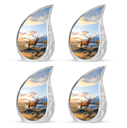 Powder Blue Deer Cremation Urn close-up of engraving and surface detail - flowing teardrop deer silhouette on curved aluminum - 10 inch aluminum urn for cremated remains