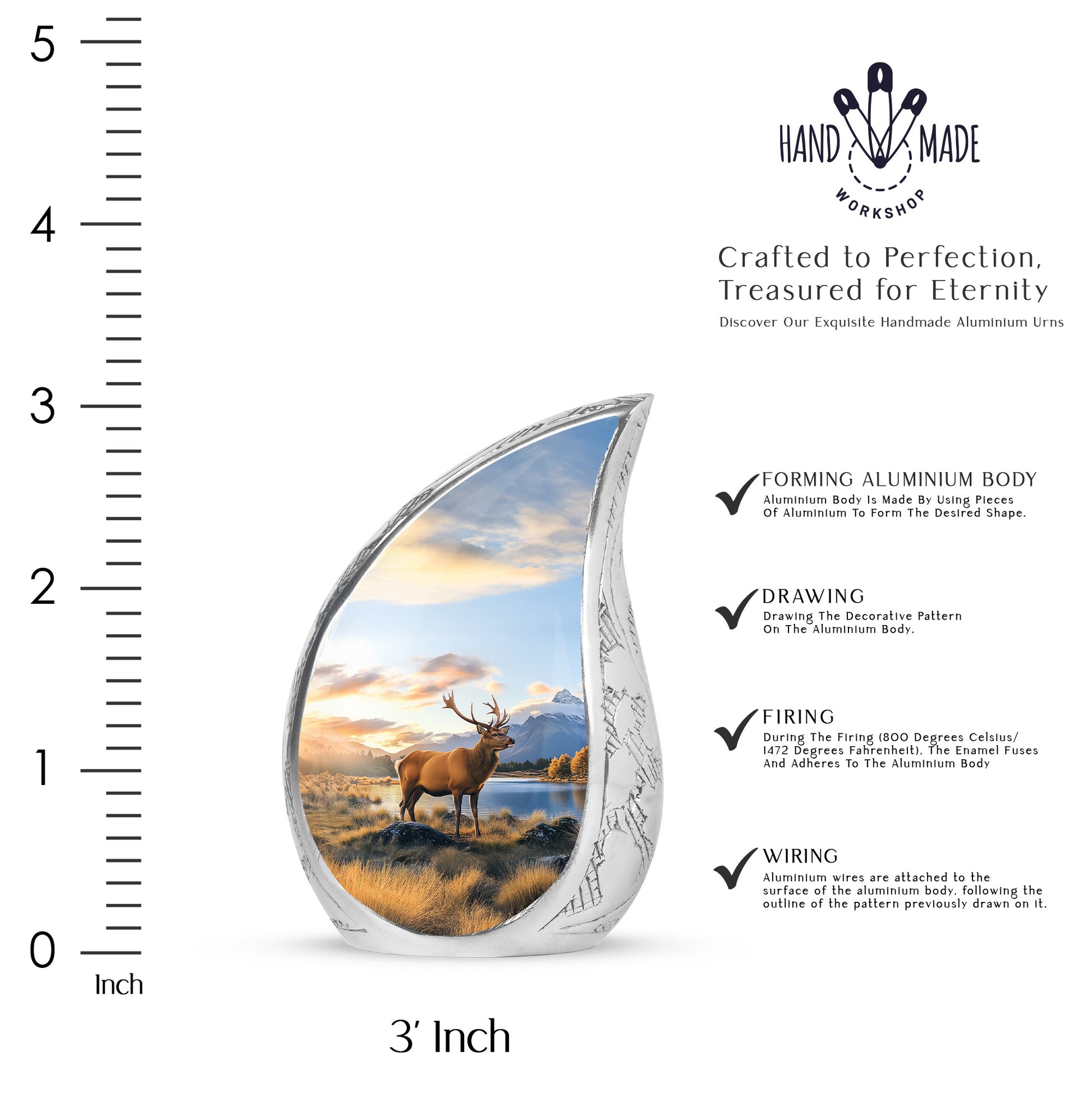 Cornflower Blue Deer Cremation Urn angled view of lid and engraved motif - smooth teardrop contour featuring deer art - mini keepsake memorial for portion of cremation ashes