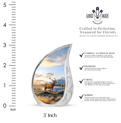 Cornflower Blue Deer Cremation Urn angled view of lid and engraved motif - smooth teardrop contour featuring deer art - mini keepsake memorial for portion of cremation ashes
