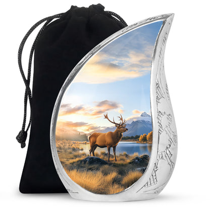 Slate Blue Deer Cremation Urn front view showing detailed design - flowing teardrop deer silhouette on curved aluminum - full-size 10 inch 200 cubic inch adult cremation urn