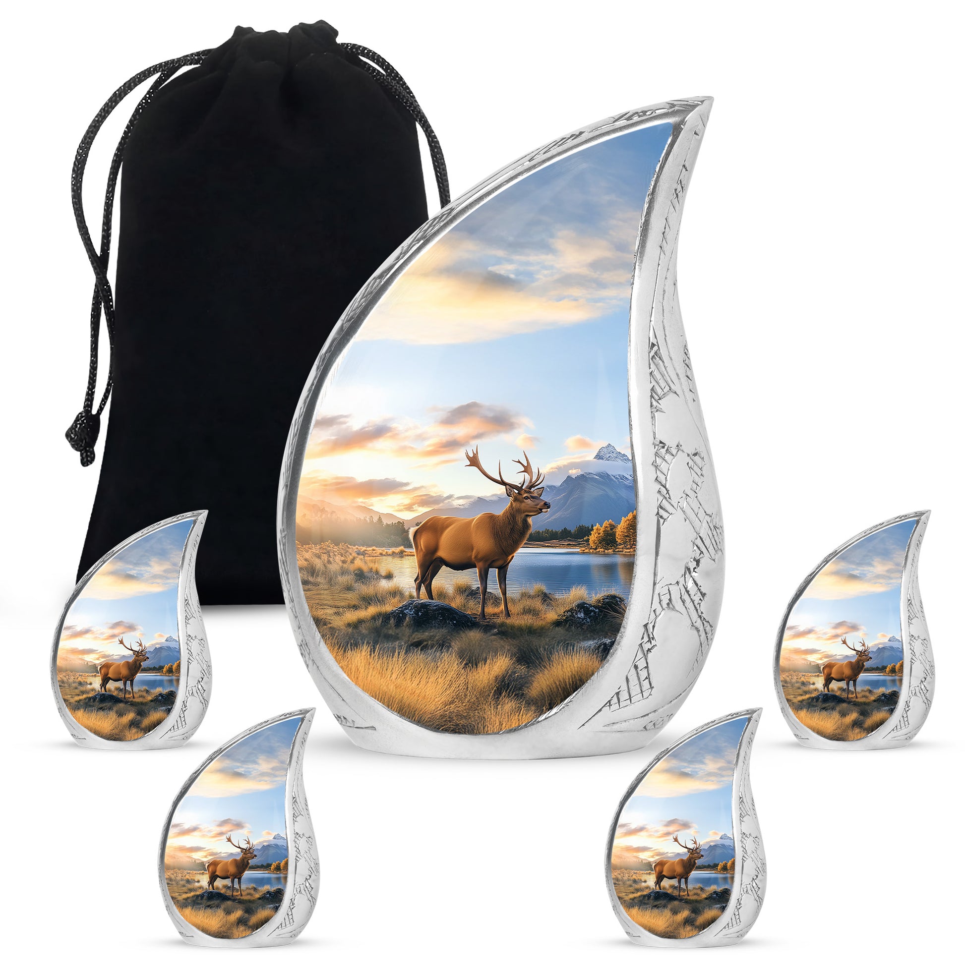 Cornflower Blue Deer Cremation Urn side profile showing urn shape - smooth teardrop contour featuring deer art - memorial set with one large and four small urns