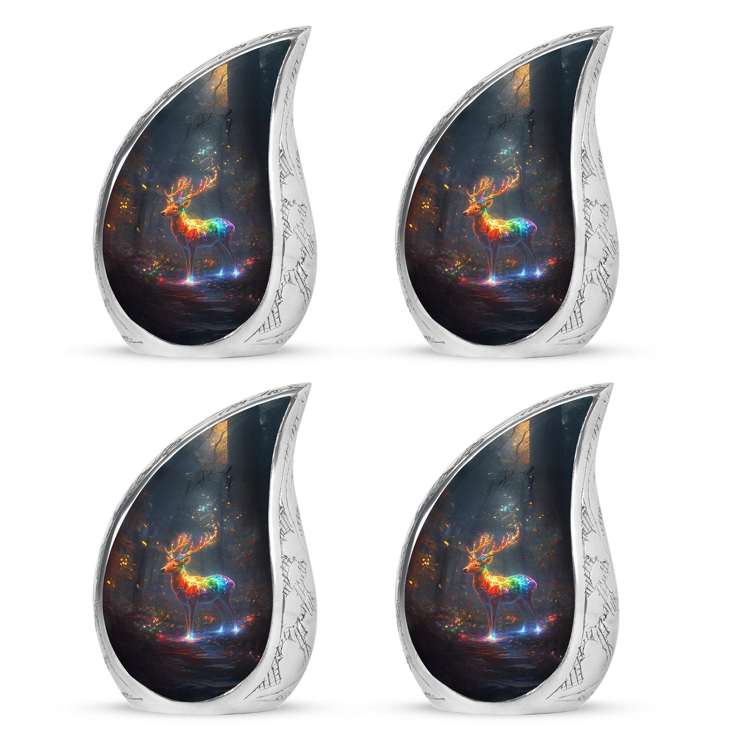 Royal Blue Deer Cremation Urn close-up of engraving and surface detail - graceful tear-shaped urn with deer motif - 10 inch aluminum urn for cremated remains