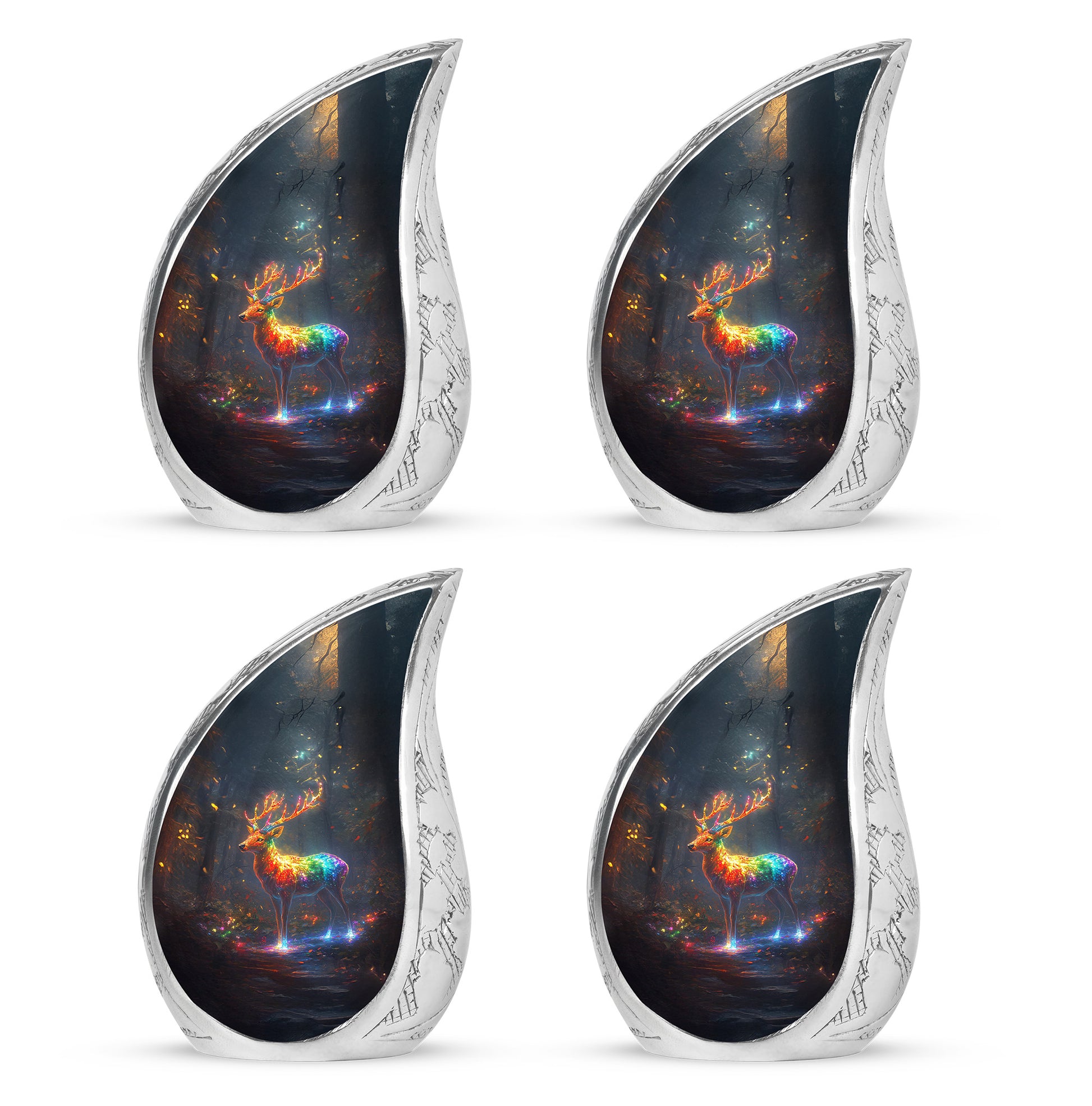 Royal Blue Deer Cremation Urn close-up of engraving and surface detail - graceful tear-shaped urn with deer motif - 10 inch aluminum urn for cremated remains
