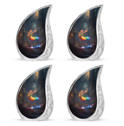 Royal Blue Deer Cremation Urn close-up of engraving and surface detail - graceful tear-shaped urn with deer motif - 10 inch aluminum urn for cremated remains