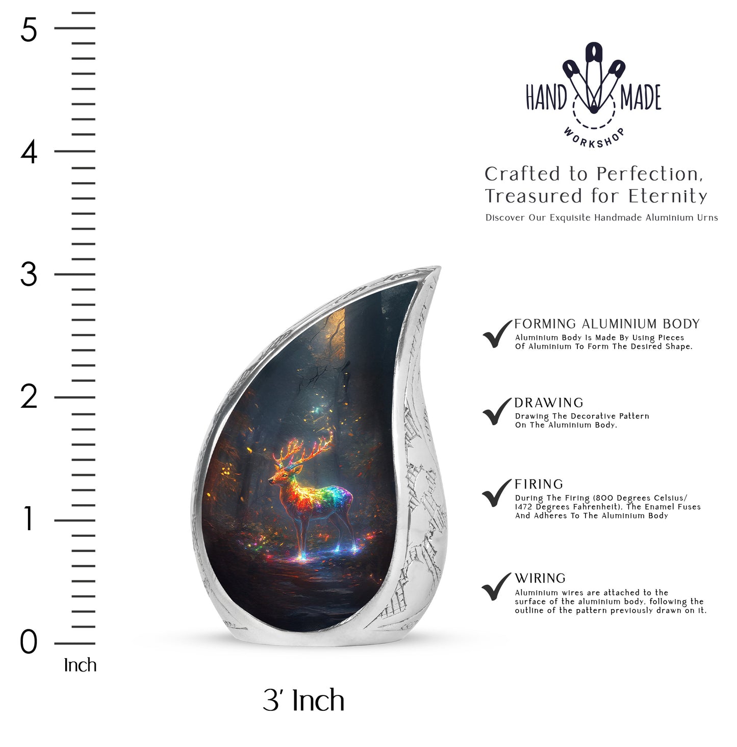 Calming Blue Deer Cremation Urn angled view of lid and engraved motif - graceful tear-shaped urn with deer motif - mini keepsake memorial for portion of cremation ashes