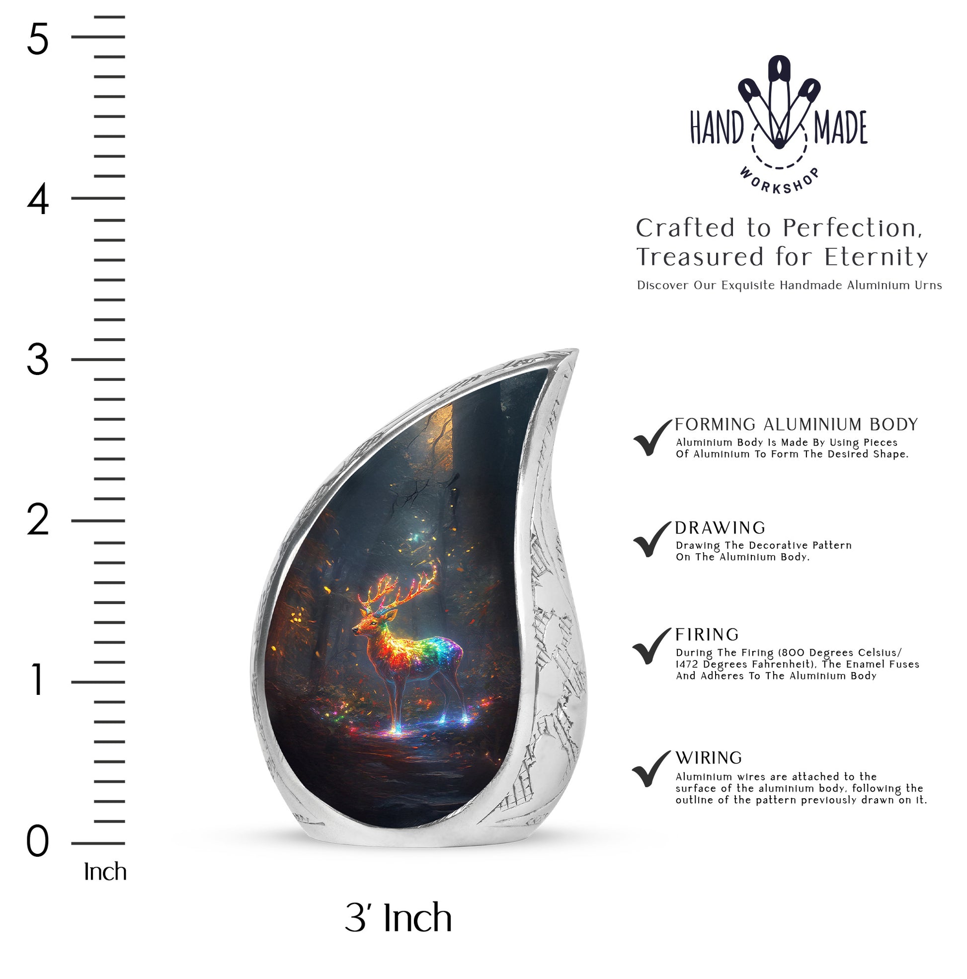 Calming Blue Deer Cremation Urn angled view of lid and engraved motif - graceful tear-shaped urn with deer motif - mini keepsake memorial for portion of cremation ashes