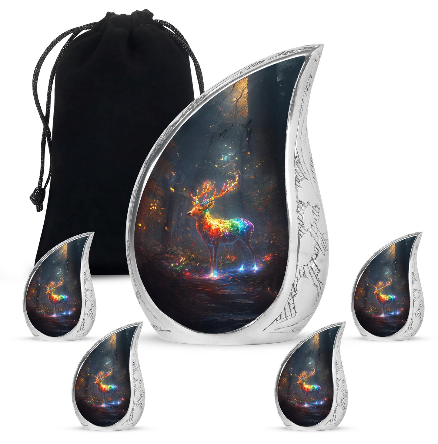 Misty Blue Deer Cremation Urn side profile showing urn shape - flowing teardrop deer silhouette on curved aluminum - memorial set with one large and four small urns