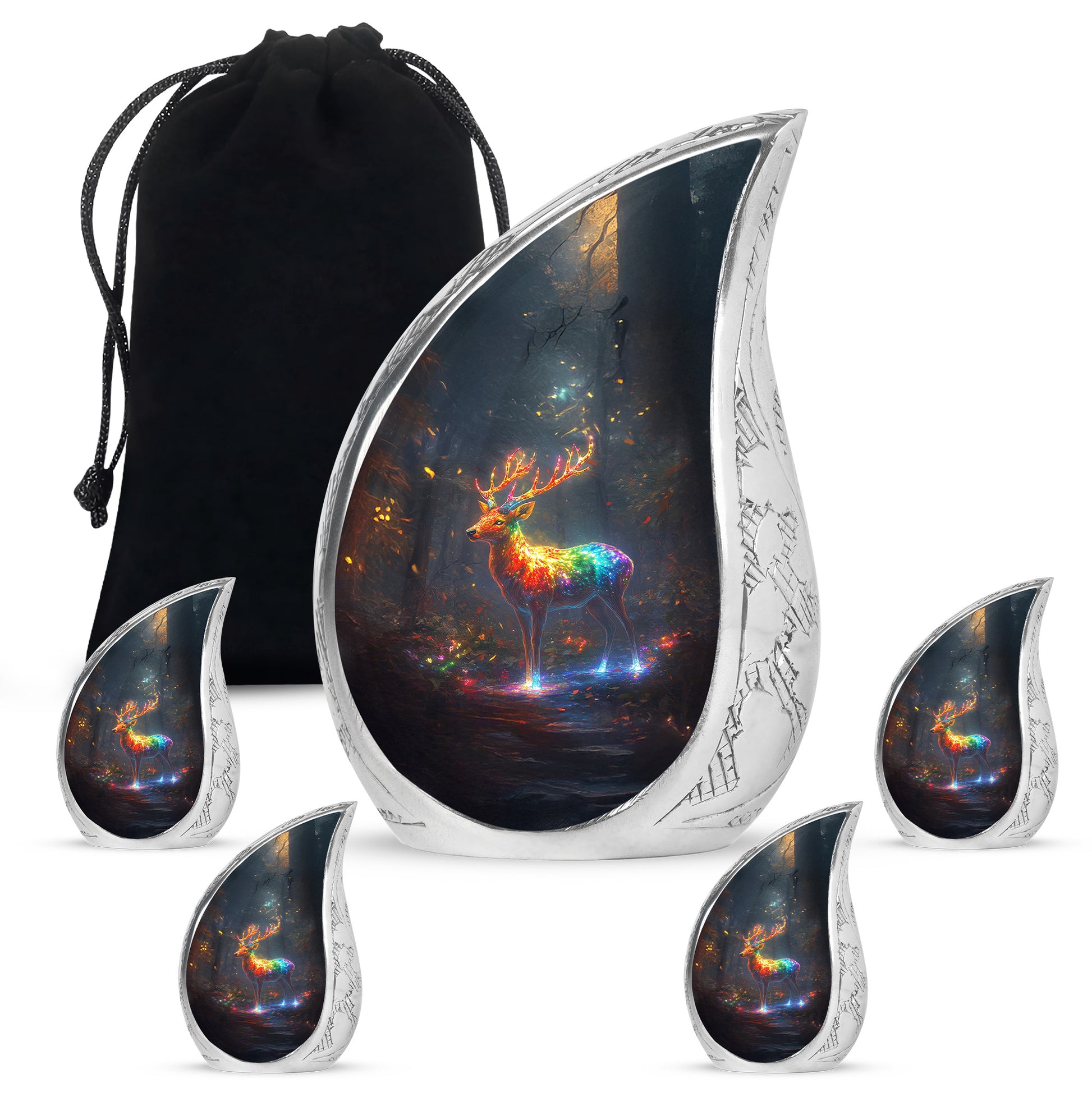 Misty Blue Deer Cremation Urn side profile showing urn shape - flowing teardrop deer silhouette on curved aluminum - memorial set with one large and four small urns