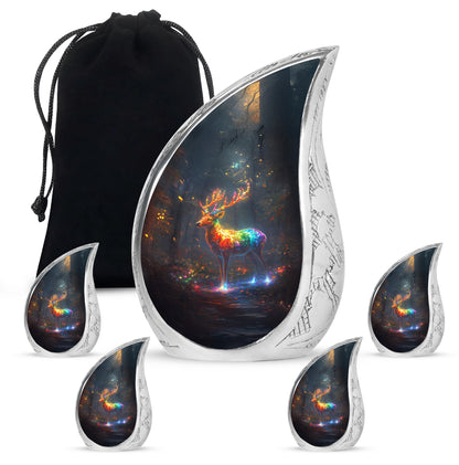 Misty Blue Deer Cremation Urn side profile showing urn shape - flowing teardrop deer silhouette on curved aluminum - memorial set with one large and four small urns
