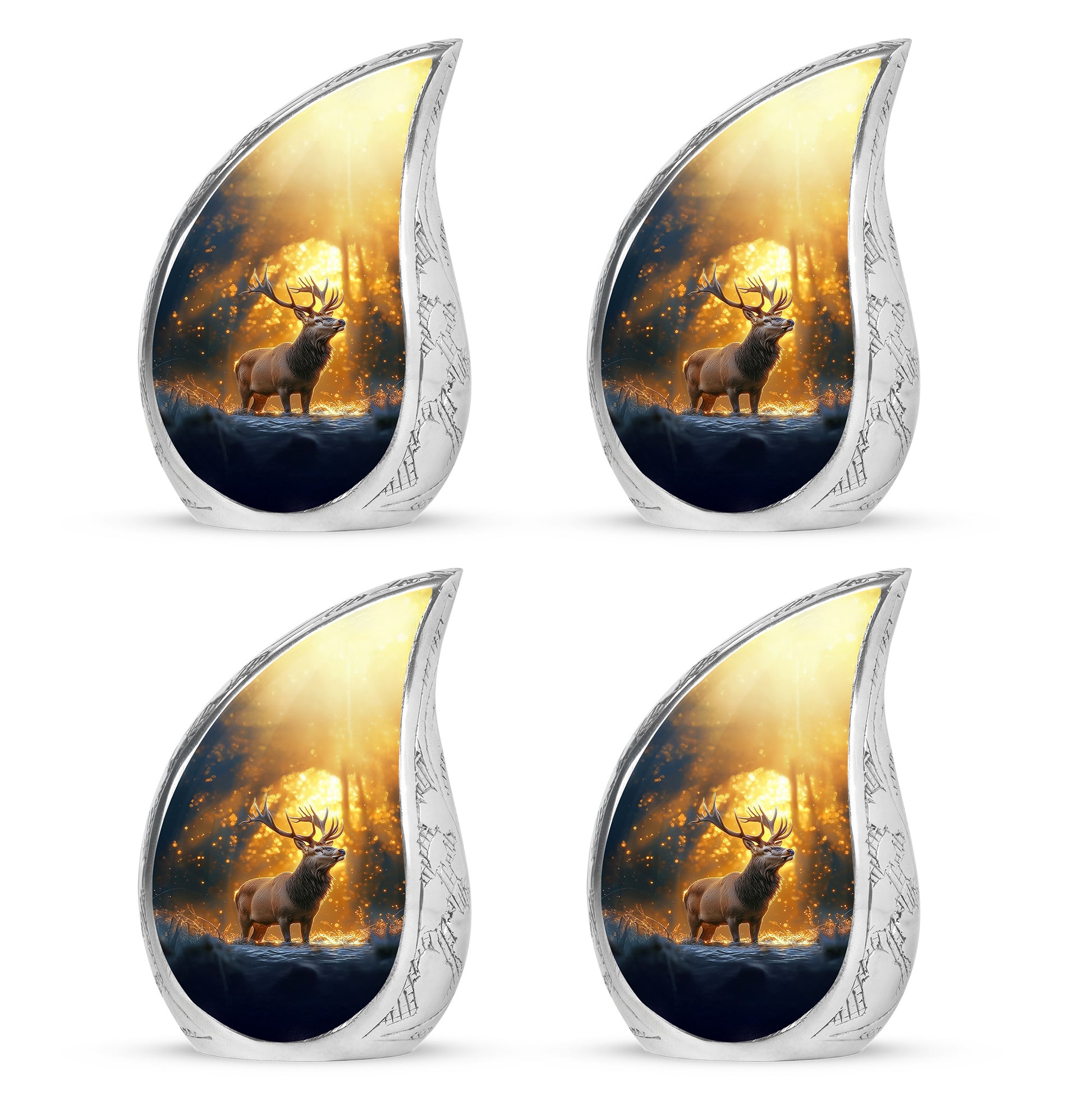 Burnished Gold Deer Cremation Urn close-up of engraving and surface detail - smooth teardrop contour featuring deer art - 10 inch aluminum urn for cremated remains