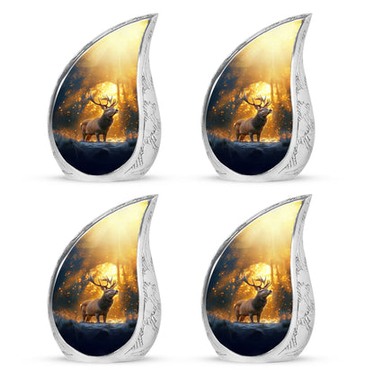 Burnished Gold Deer Cremation Urn close-up of engraving and surface detail - smooth teardrop contour featuring deer art - 10 inch aluminum urn for cremated remains